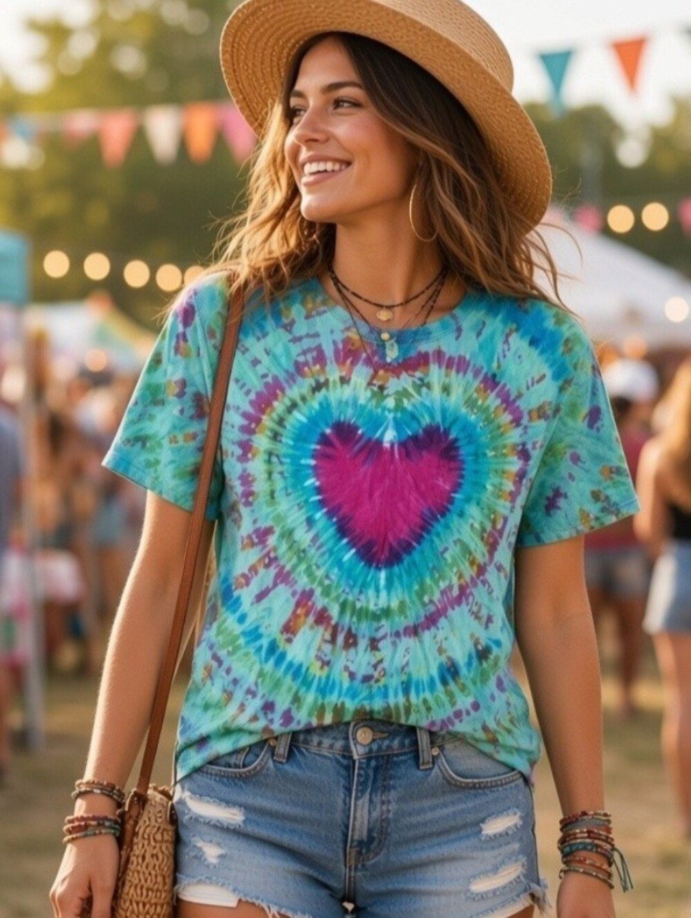 Men's Size 2XL Hanes Multicolor Tie-Dye Heart Graphic Print Crew Neck Cotton Tee